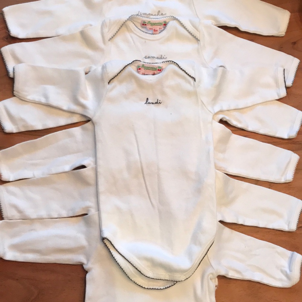 Bonpoint onesies for 6 months, French days of the week